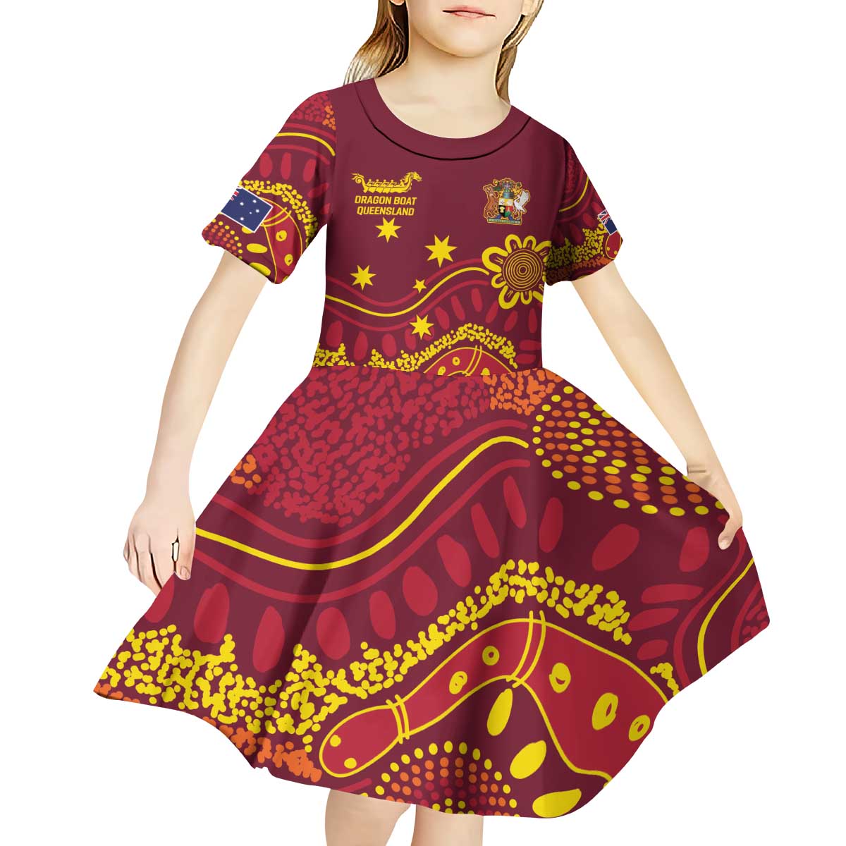 Personalised Australia Queensland Dragons Boat Kid Short Sleeve Dress Aussie Aboriginal Dot Style