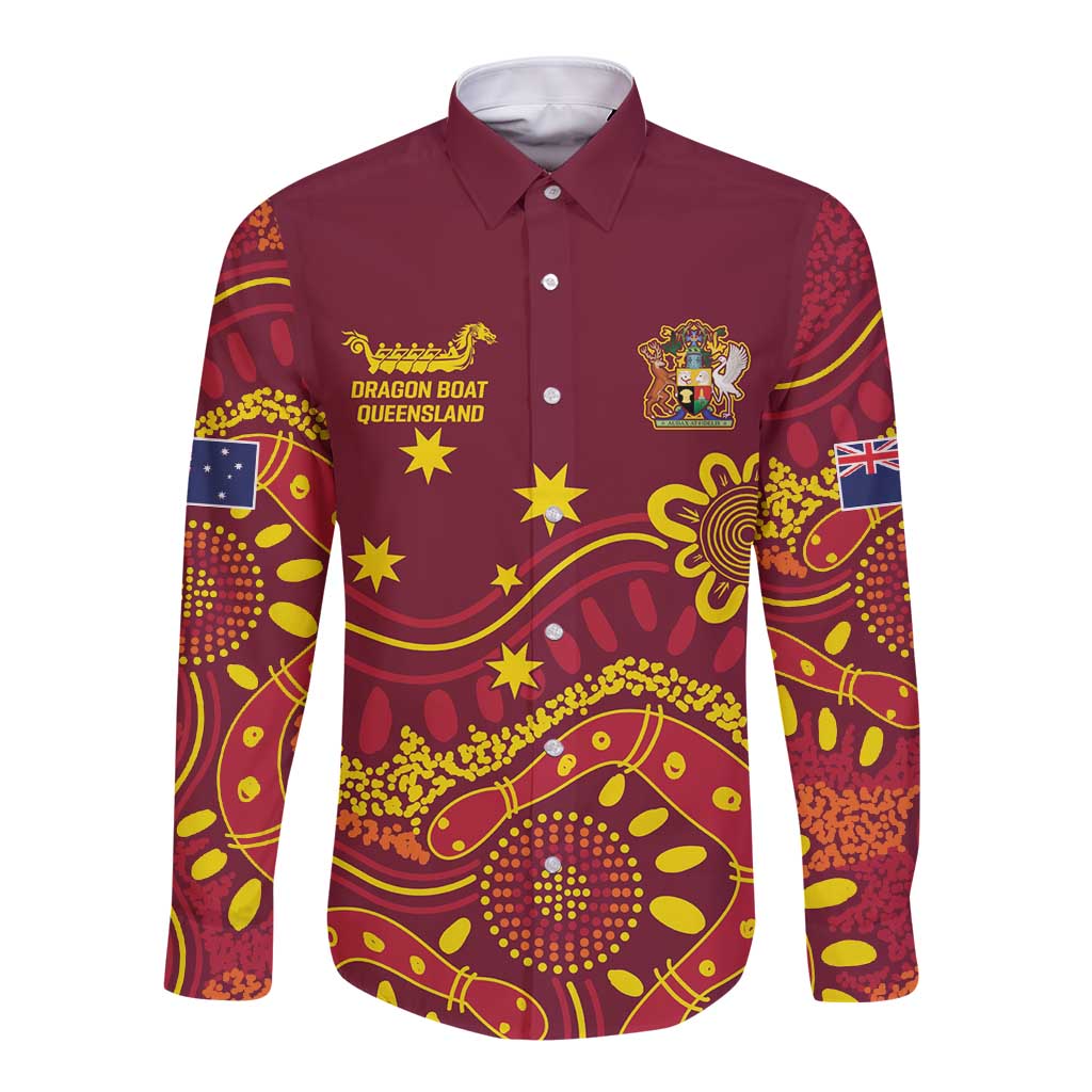 Personalised Australia Queensland Dragons Boat Long Sleeve Button Shirt Aussie Aboriginal Dot Style