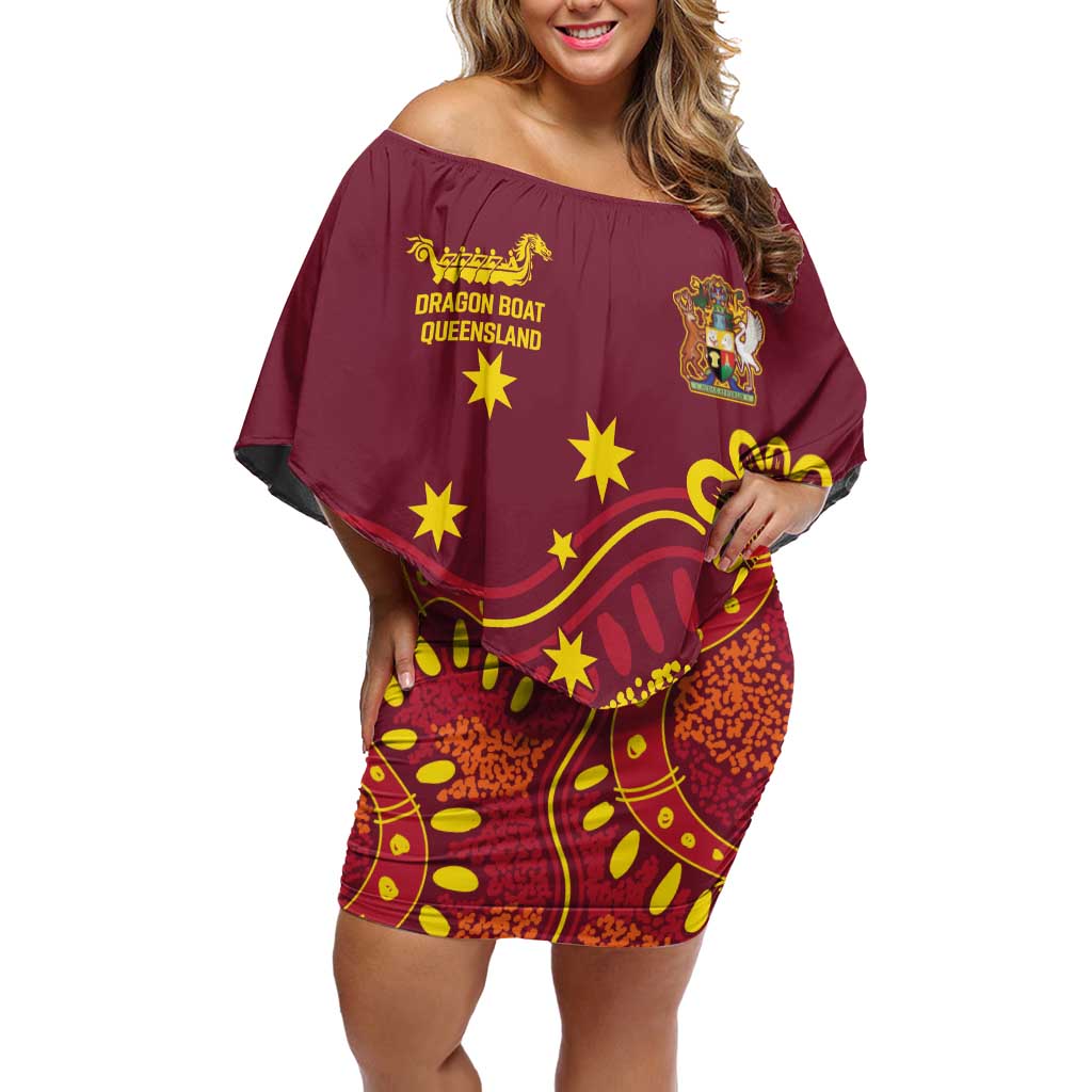 Personalised Australia Queensland Dragons Boat Off Shoulder Short Dress Aussie Aboriginal Dot Style