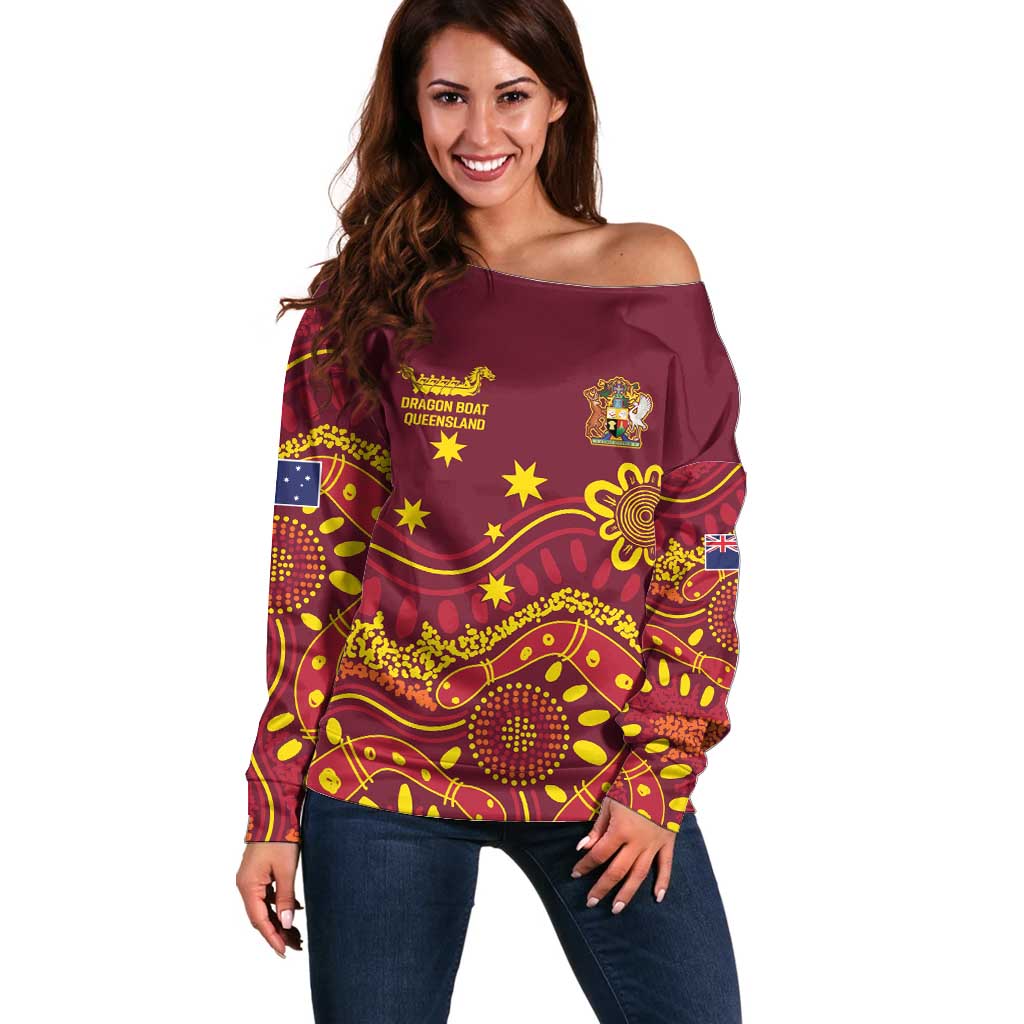 Personalised Australia Queensland Dragons Boat Off Shoulder Sweater Aussie Aboriginal Dot Style