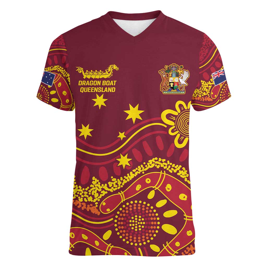 Personalised Australia Queensland Dragons Boat Women V-Neck T-Shirt Aussie Aboriginal Dot Style