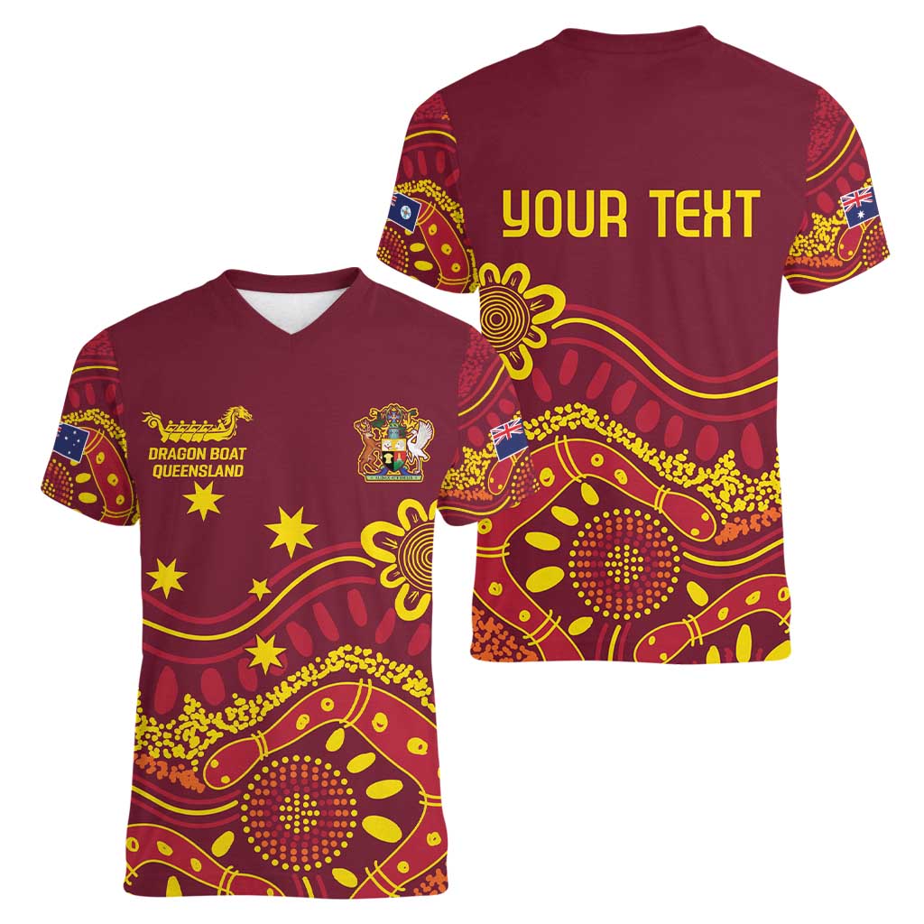 Personalised Australia Queensland Dragons Boat Women V-Neck T-Shirt Aussie Aboriginal Dot Style