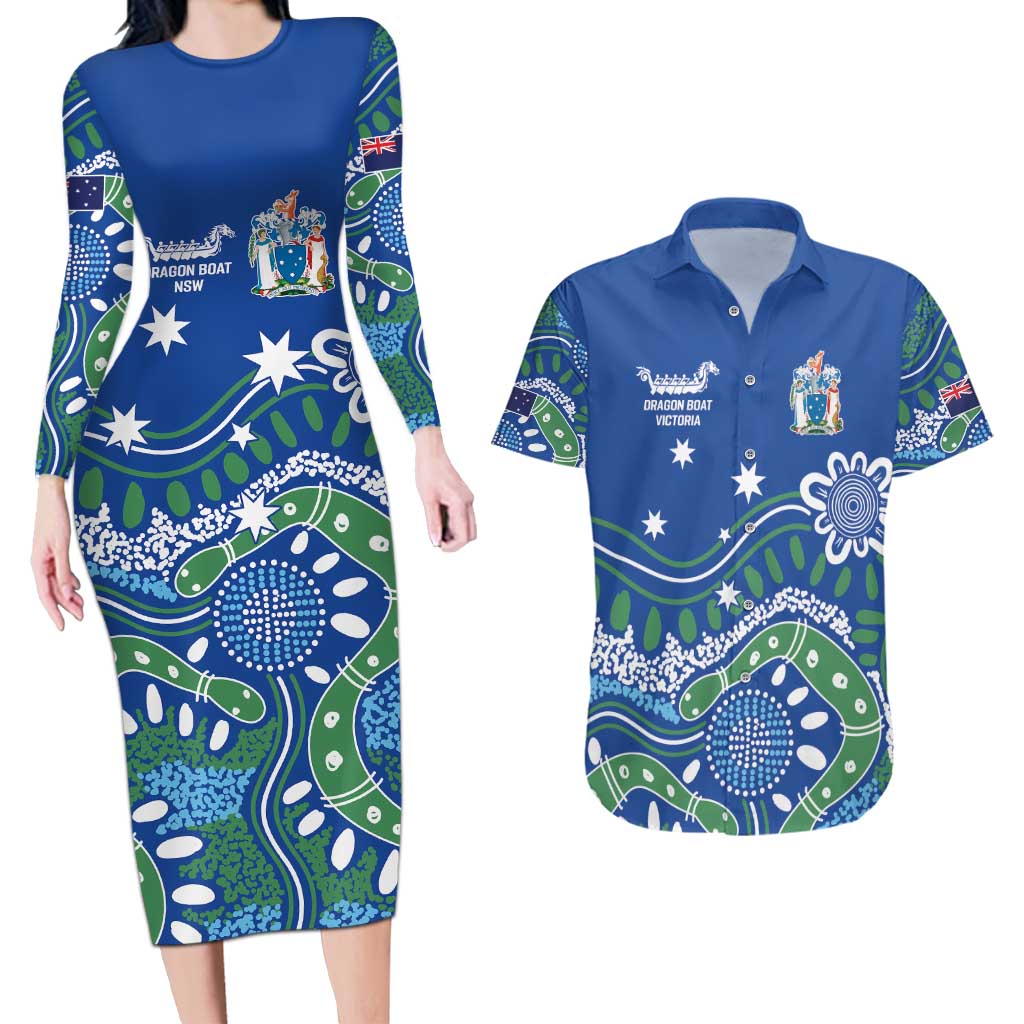 Personalised Australia Victoria Dragons Boat Couples Matching Long Sleeve Bodycon Dress and Hawaiian Shirt Aussie Aboriginal Dot Style