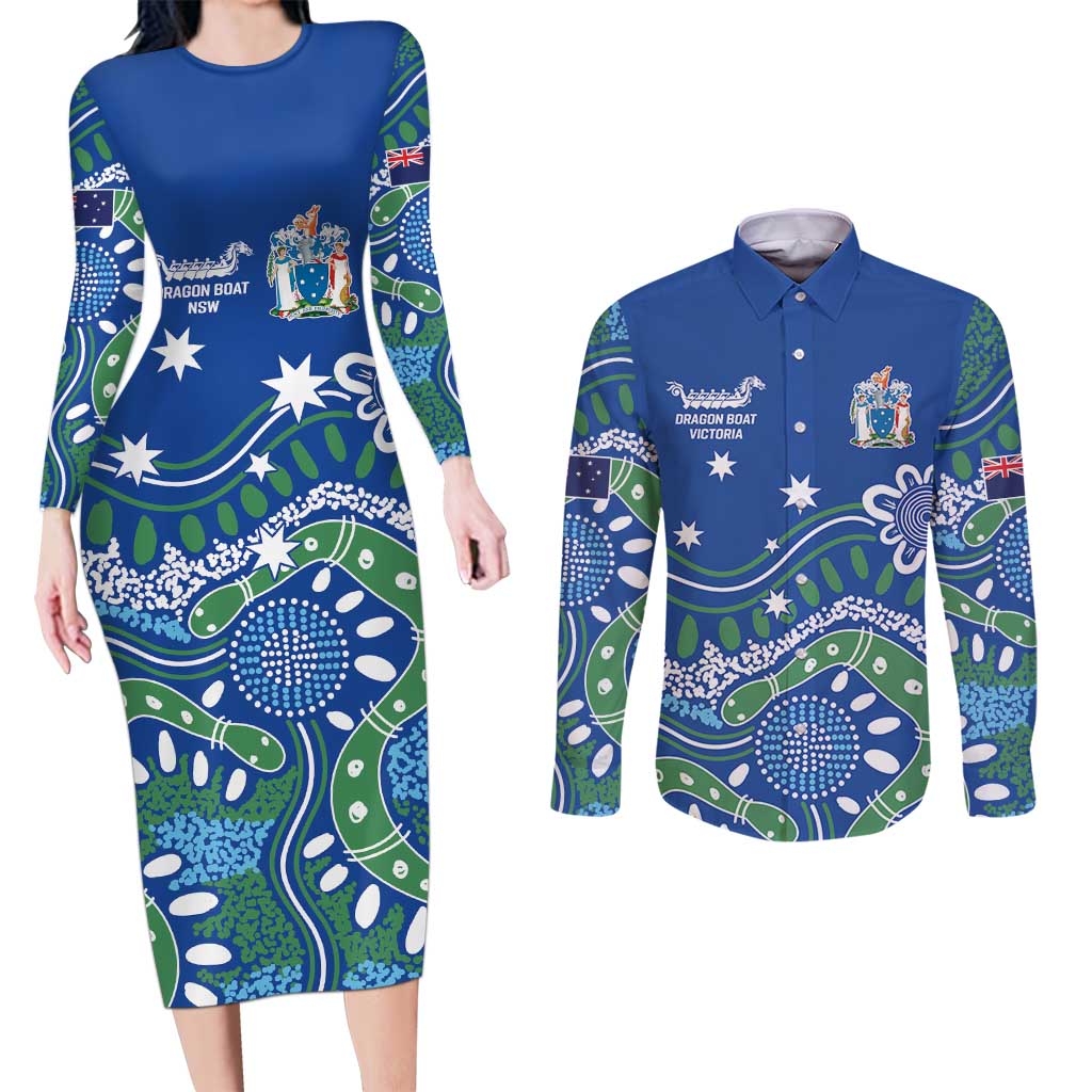 Personalised Australia Victoria Dragons Boat Couples Matching Long Sleeve Bodycon Dress and Long Sleeve Button Shirt Aussie Aboriginal Dot Style