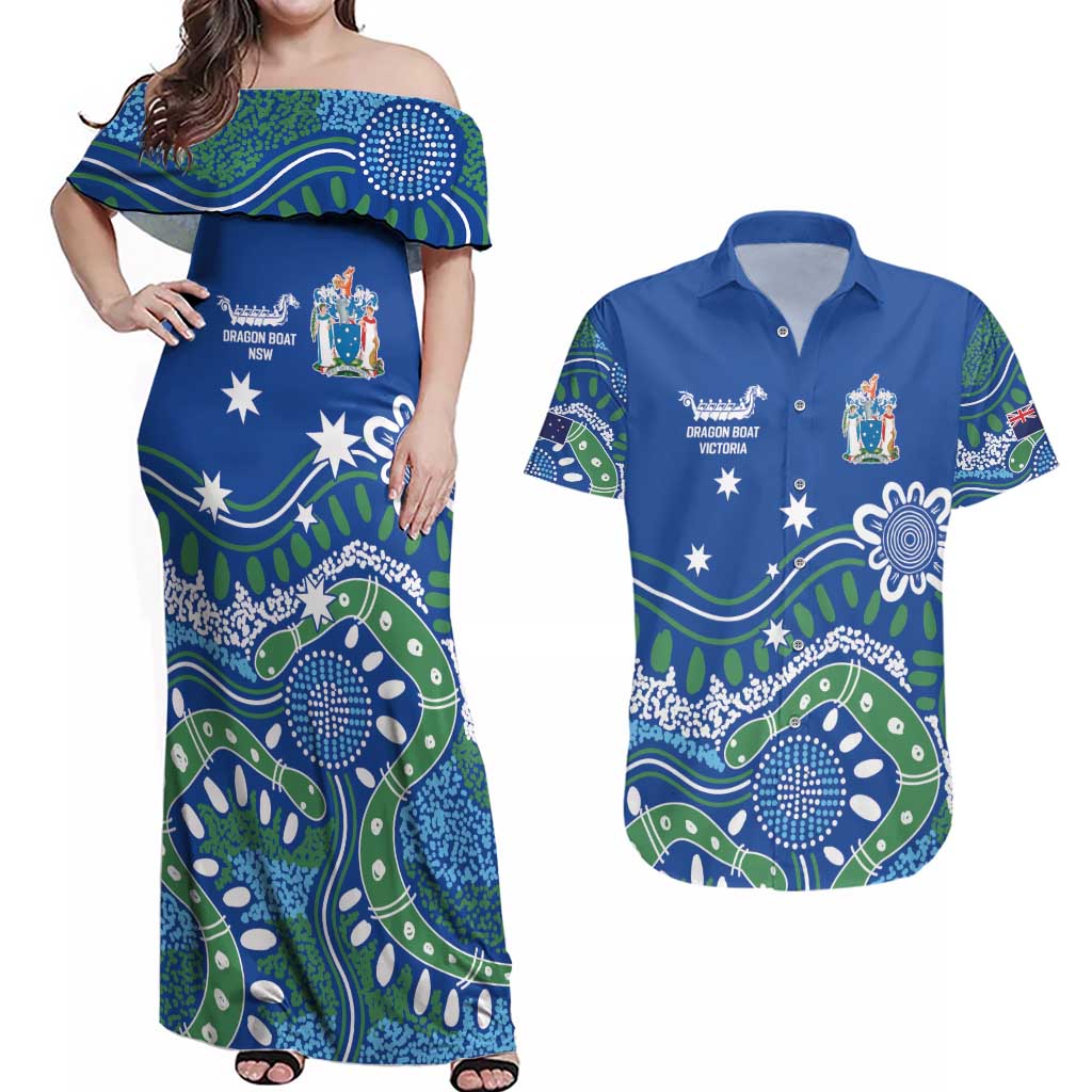 Personalised Australia Victoria Dragons Boat Couples Matching Off Shoulder Maxi Dress and Hawaiian Shirt Aussie Aboriginal Dot Style