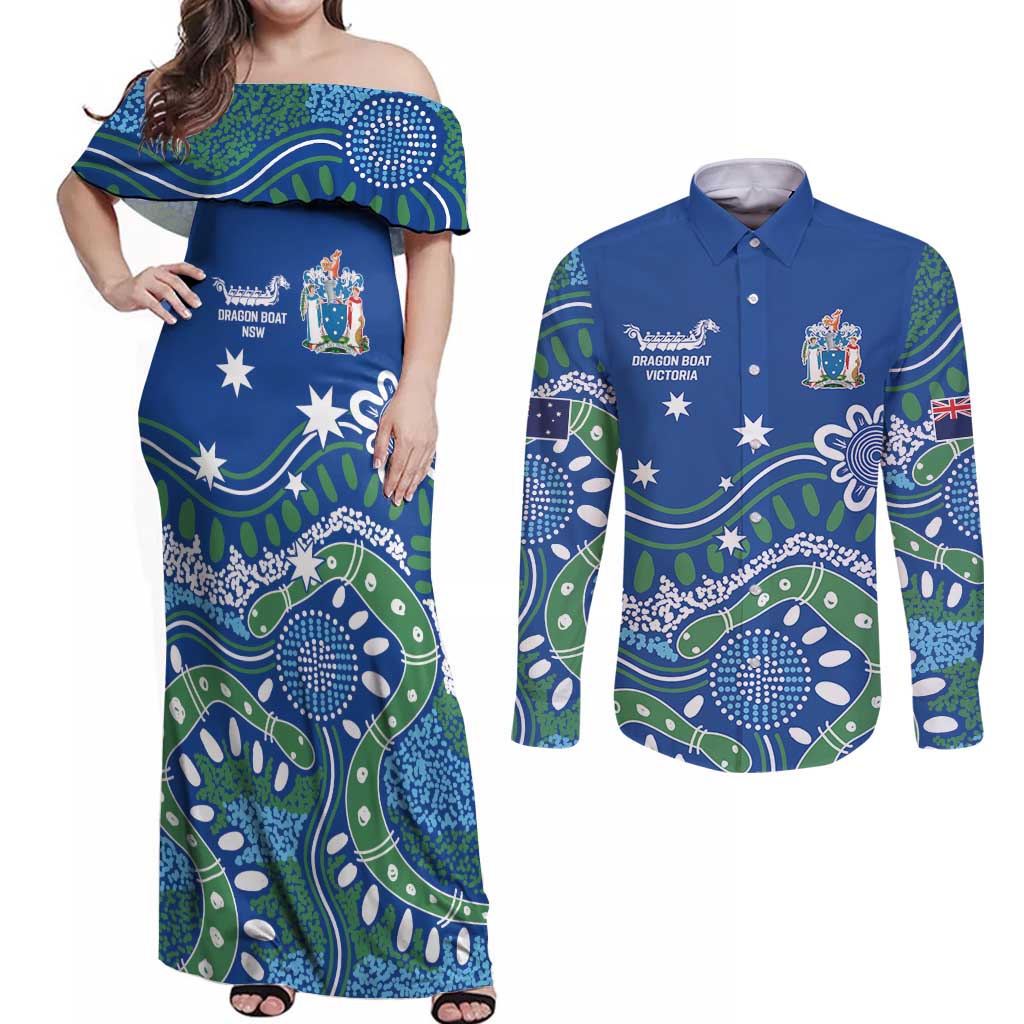 Personalised Australia Victoria Dragons Boat Couples Matching Off Shoulder Maxi Dress and Long Sleeve Button Shirt Aussie Aboriginal Dot Style