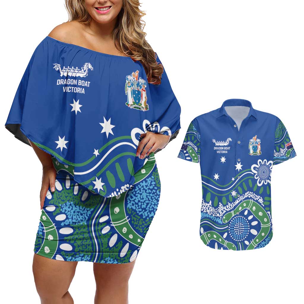 Personalised Australia Victoria Dragons Boat Couples Matching Off Shoulder Short Dress and Hawaiian Shirt Aussie Aboriginal Dot Style