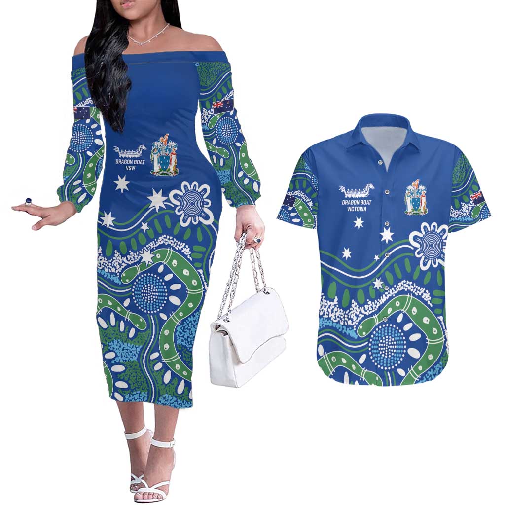 Personalised Australia Victoria Dragons Boat Couples Matching Off The Shoulder Long Sleeve Dress and Hawaiian Shirt Aussie Aboriginal Dot Style