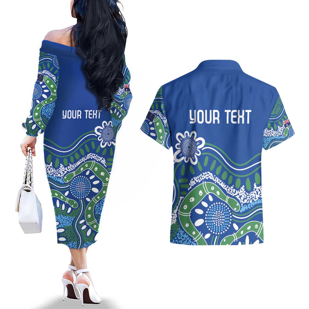 Personalised Australia Victoria Dragons Boat Couples Matching Off The Shoulder Long Sleeve Dress and Hawaiian Shirt Aussie Aboriginal Dot Style