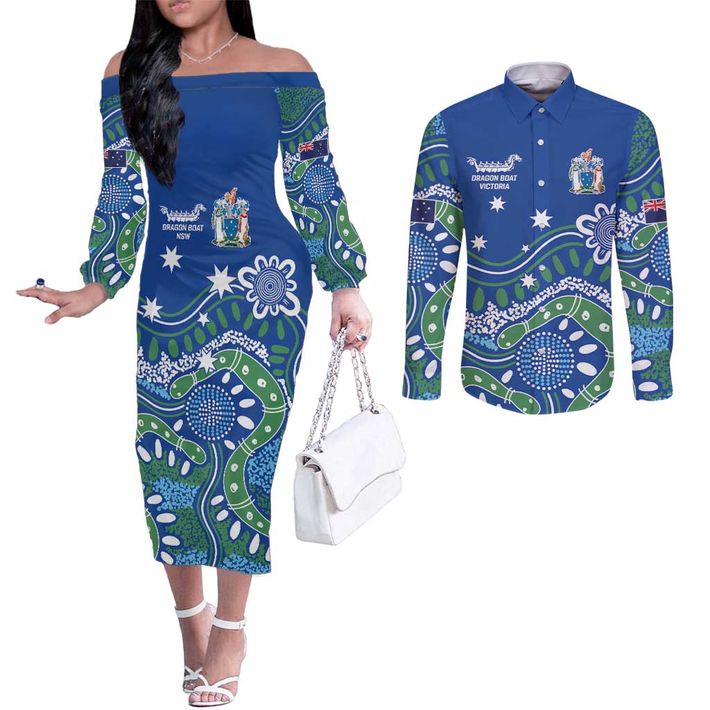 Personalised Australia Victoria Dragons Boat Couples Matching Off The Shoulder Long Sleeve Dress and Long Sleeve Button Shirt Aussie Aboriginal Dot Style