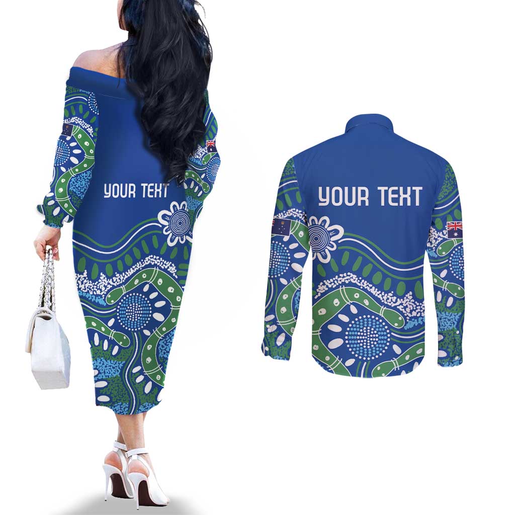 Personalised Australia Victoria Dragons Boat Couples Matching Off The Shoulder Long Sleeve Dress and Long Sleeve Button Shirt Aussie Aboriginal Dot Style