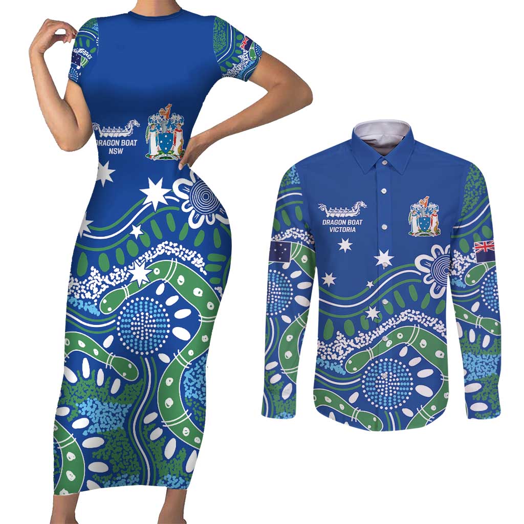 Personalised Australia Victoria Dragons Boat Couples Matching Short Sleeve Bodycon Dress and Long Sleeve Button Shirt Aussie Aboriginal Dot Style