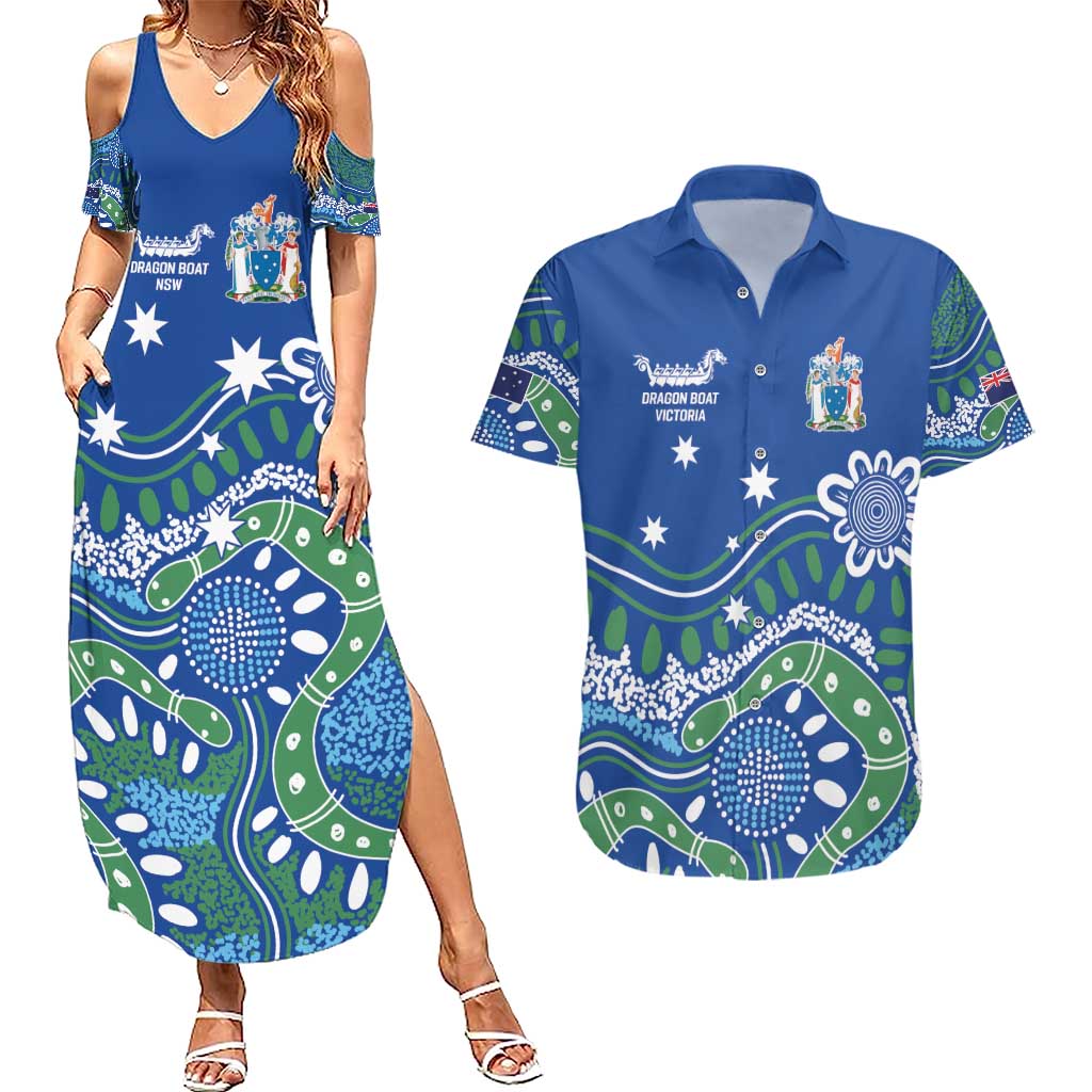 Personalised Australia Victoria Dragons Boat Couples Matching Summer Maxi Dress and Hawaiian Shirt Aussie Aboriginal Dot Style