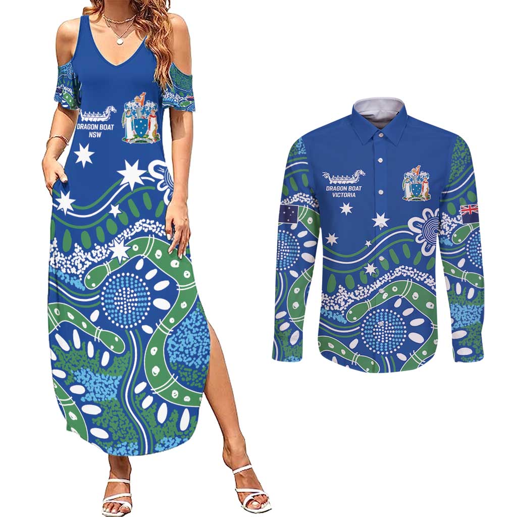 Personalised Australia Victoria Dragons Boat Couples Matching Summer Maxi Dress and Long Sleeve Button Shirt Aussie Aboriginal Dot Style