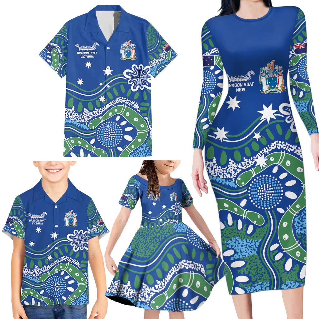 Personalised Australia Victoria Dragons Boat Family Matching Long Sleeve Bodycon Dress and Hawaiian Shirt Aussie Aboriginal Dot Style