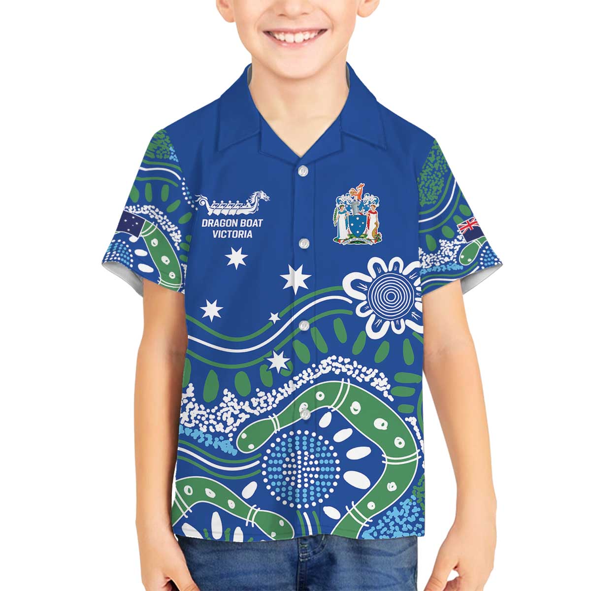 Personalised Australia Victoria Dragons Boat Family Matching Off The Shoulder Long Sleeve Dress and Hawaiian Shirt Aussie Aboriginal Dot Style