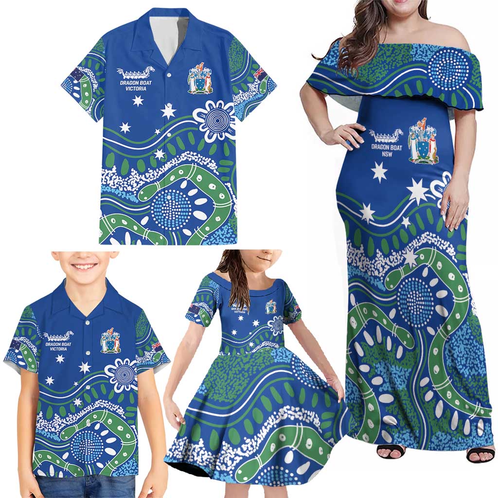 Personalised Australia Victoria Dragons Boat Family Matching Off Shoulder Maxi Dress and Hawaiian Shirt Aussie Aboriginal Dot Style