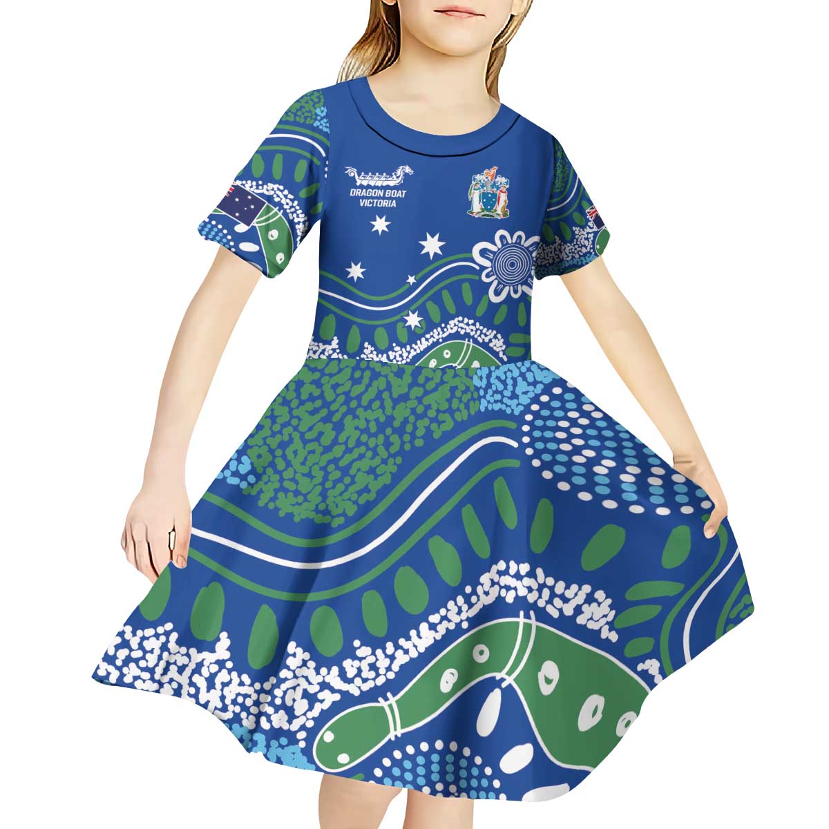 Personalised Australia Victoria Dragons Boat Kid Short Sleeve Dress Aussie Aboriginal Dot Style