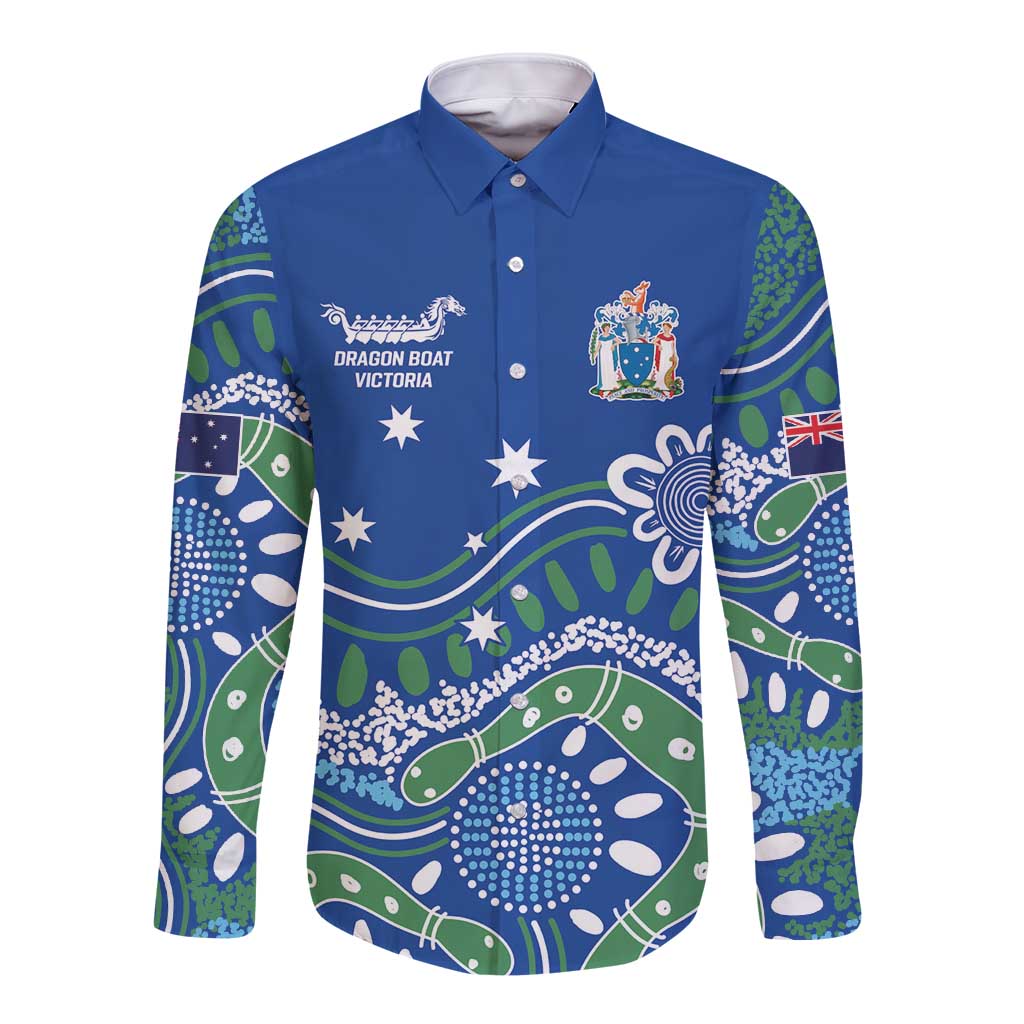 Personalised Australia Victoria Dragons Boat Long Sleeve Button Shirt Aussie Aboriginal Dot Style