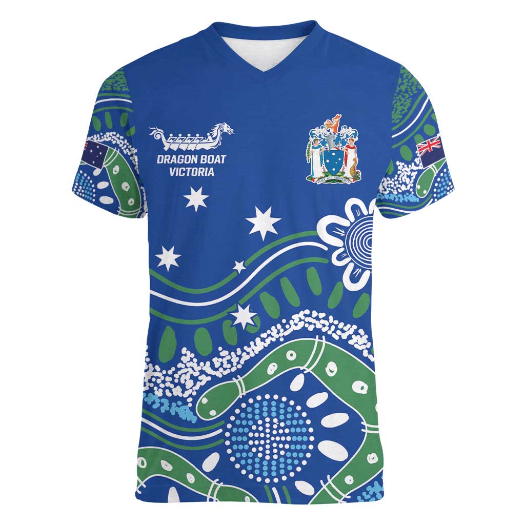 Personalised Australia Victoria Dragons Boat Women V-Neck T-Shirt Aussie Aboriginal Dot Style