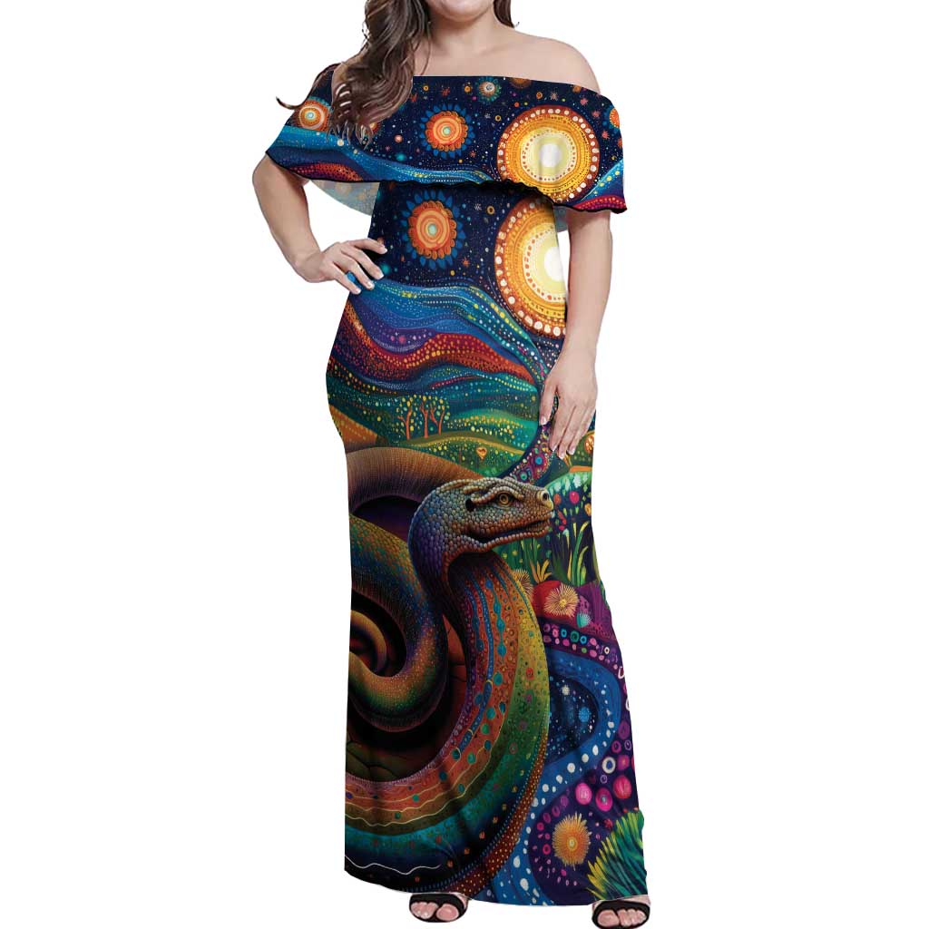 Aboriginal Dreamtime Rainbow Serpent Off Shoulder Maxi Dress