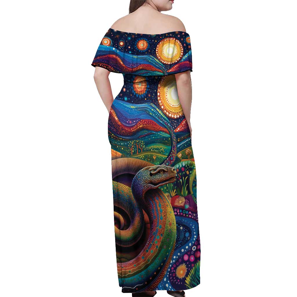 Aboriginal Dreamtime Rainbow Serpent Off Shoulder Maxi Dress