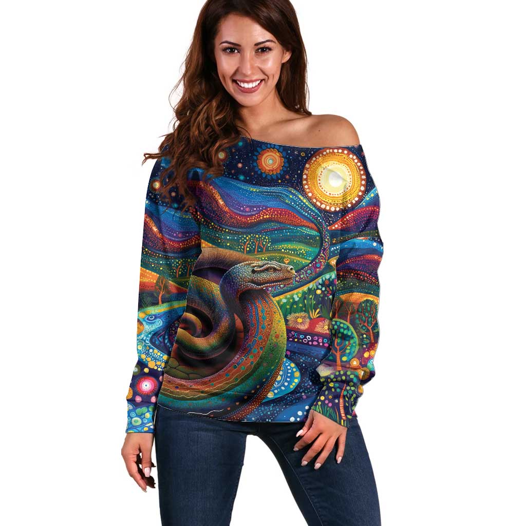 Aboriginal Dreamtime Rainbow Serpent Off Shoulder Sweater