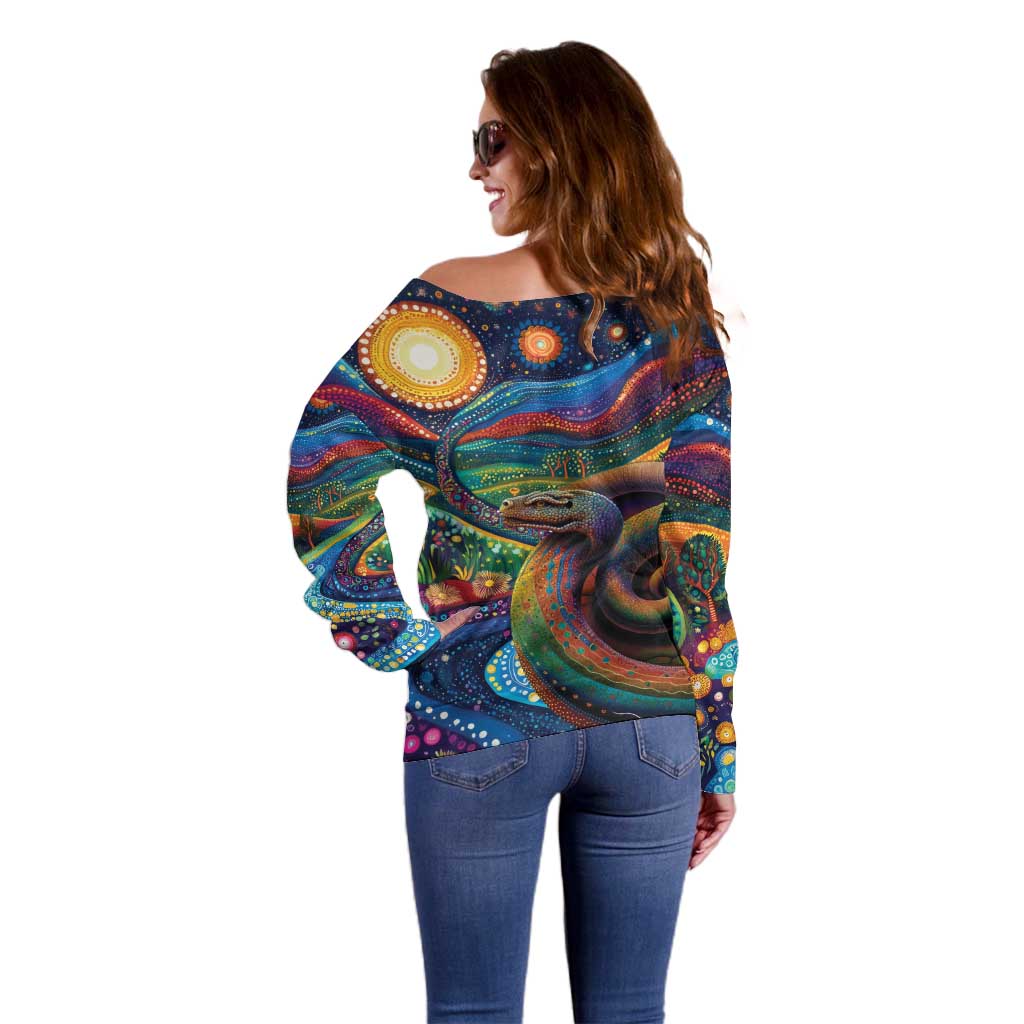 Aboriginal Dreamtime Rainbow Serpent Off Shoulder Sweater