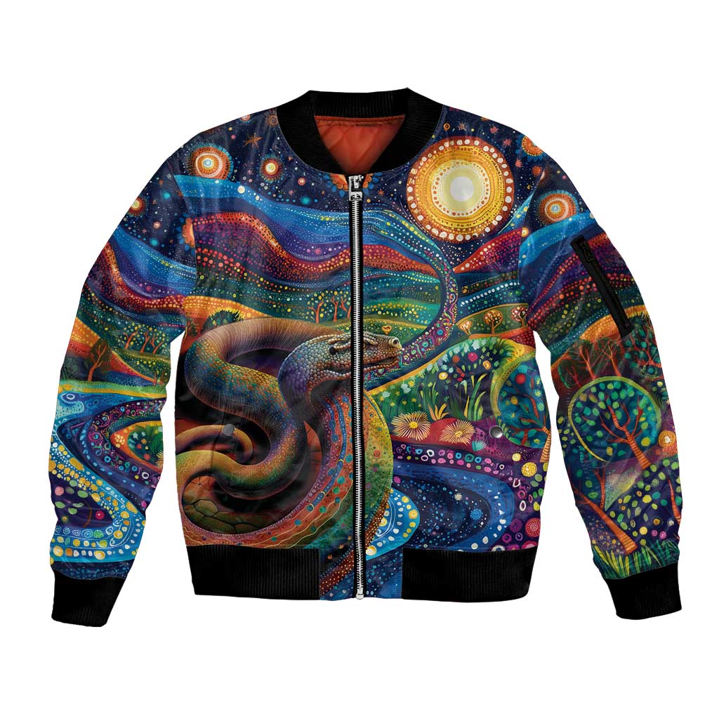 Aboriginal Dreamtime Rainbow Serpent Sleeve Zip Bomber Jacket