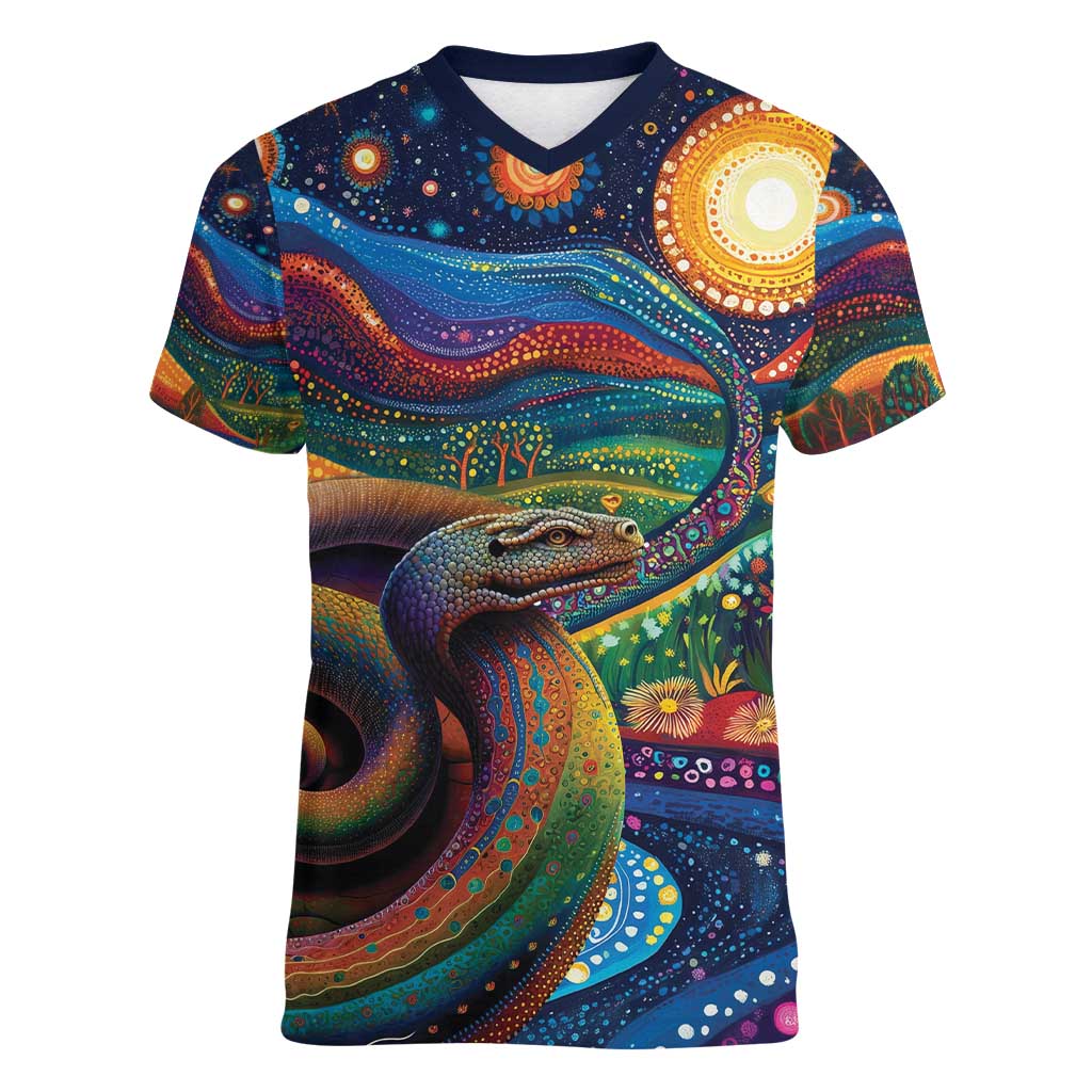 Aboriginal Dreamtime Rainbow Serpent Women V-Neck T-Shirt