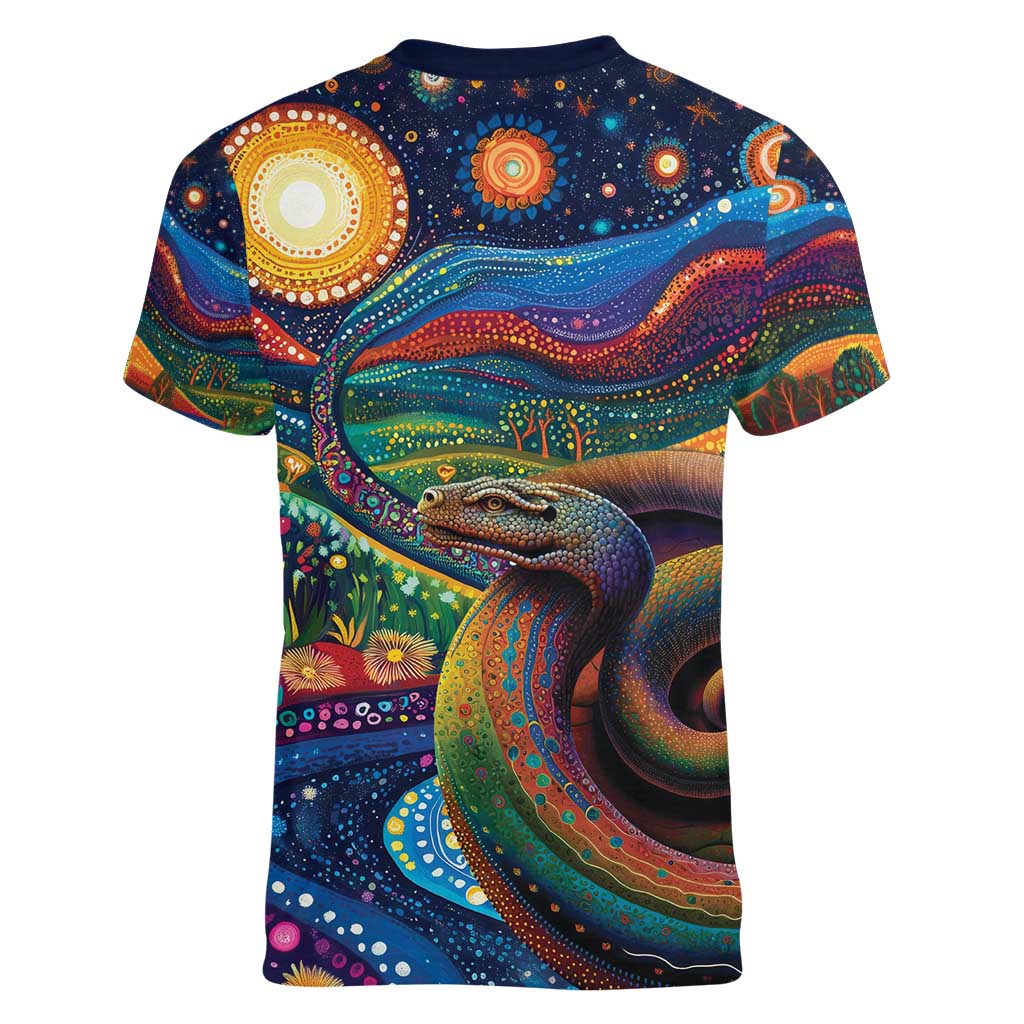 Aboriginal Dreamtime Rainbow Serpent Women V-Neck T-Shirt