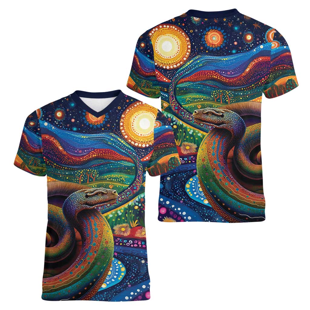 Aboriginal Dreamtime Rainbow Serpent Women V-Neck T-Shirt