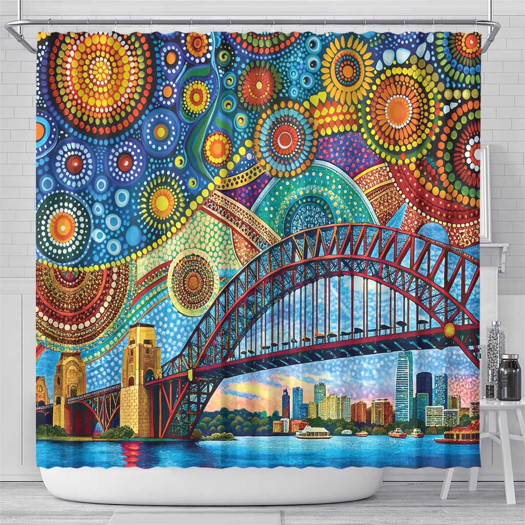 Australian Sydney Harbour Bridge Shower Curtain Aboriginal Dot Art