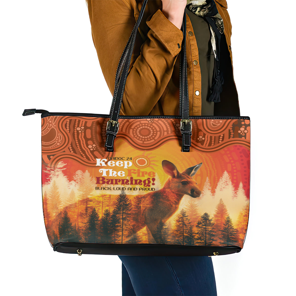 Australian Kangaroo Forests NAIDOC 2024 Leather Tote Bag Aboriginal Art Style