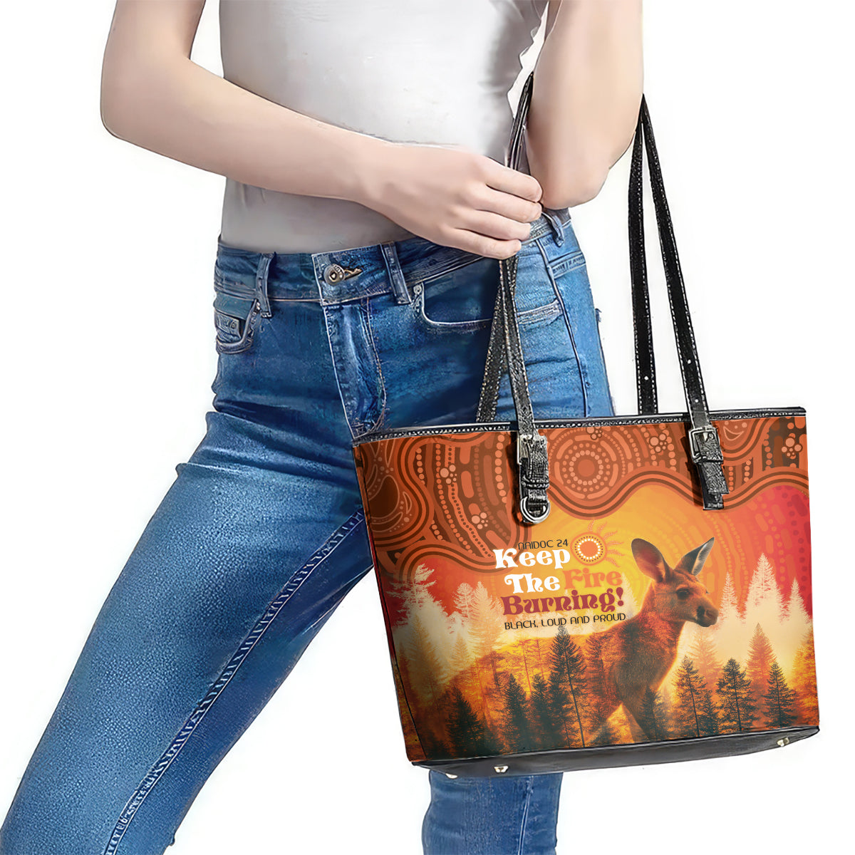 Australian Kangaroo Forests NAIDOC 2024 Leather Tote Bag Aboriginal Art Style