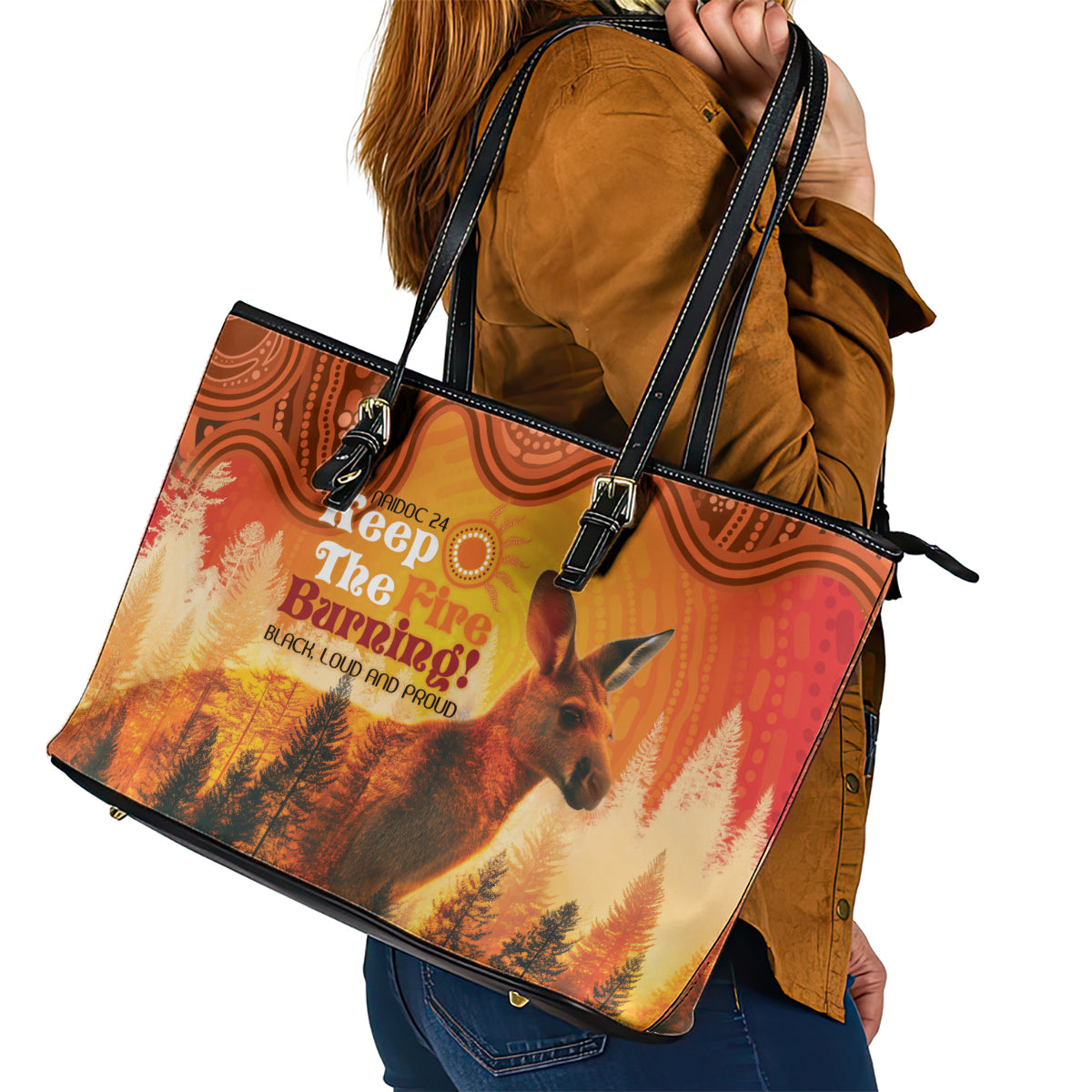 Australian Kangaroo Forests NAIDOC 2024 Leather Tote Bag Aboriginal Art Style