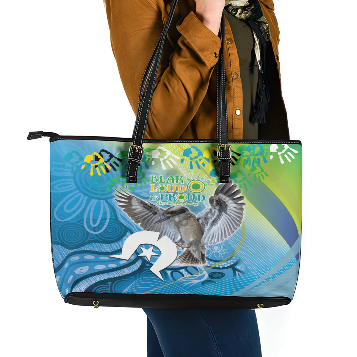 Vivid Kookaburra NAIDOC 2024 Leather Tote Bag Aboriginal Art Style