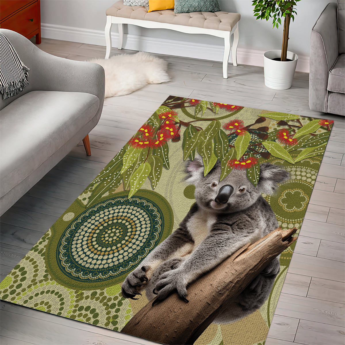 Aboriginal Koala Art Painting With Gum Blossom Area Rug