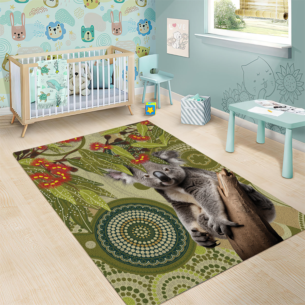 Aboriginal Koala Art Painting With Gum Blossom Area Rug