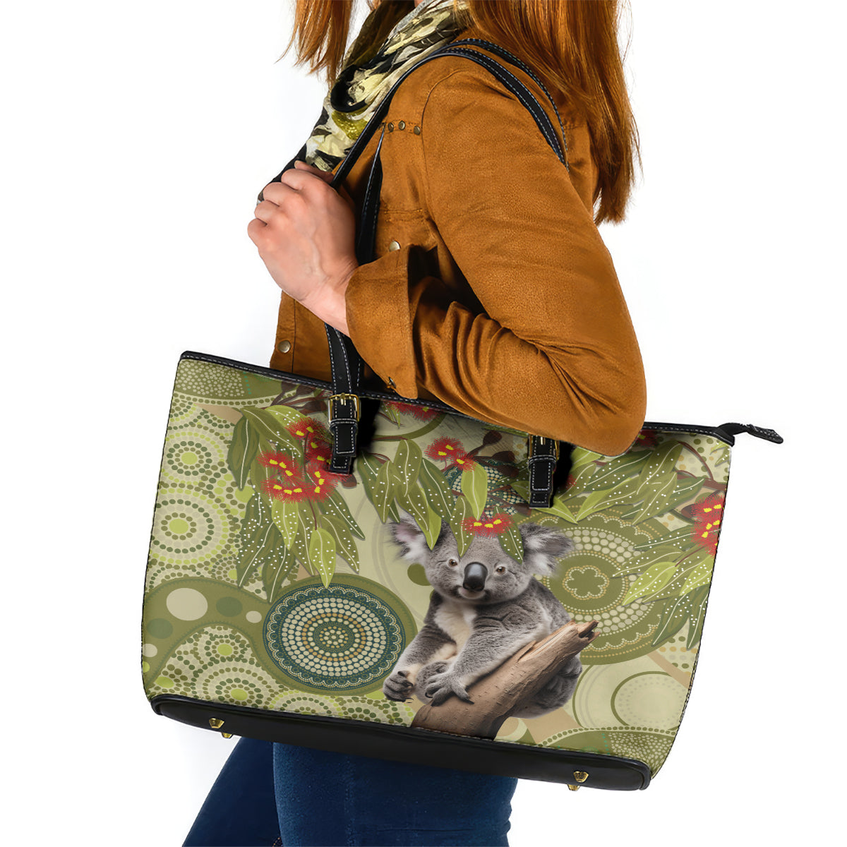 Aboriginal Koala Art Painting With Gum Blossom Leather Tote Bag