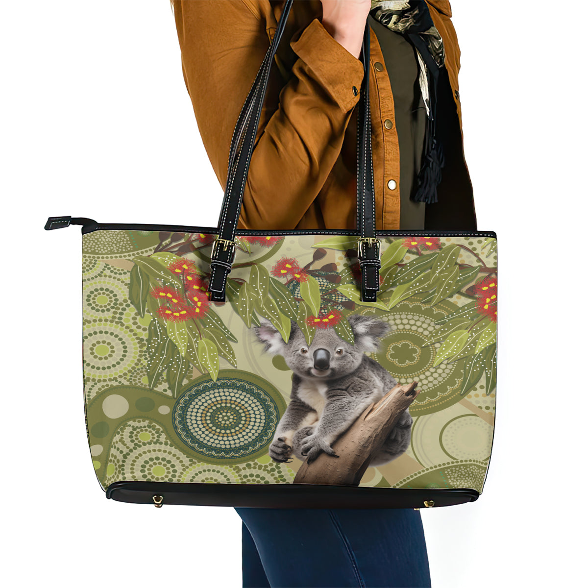 Aboriginal Koala Art Painting With Gum Blossom Leather Tote Bag