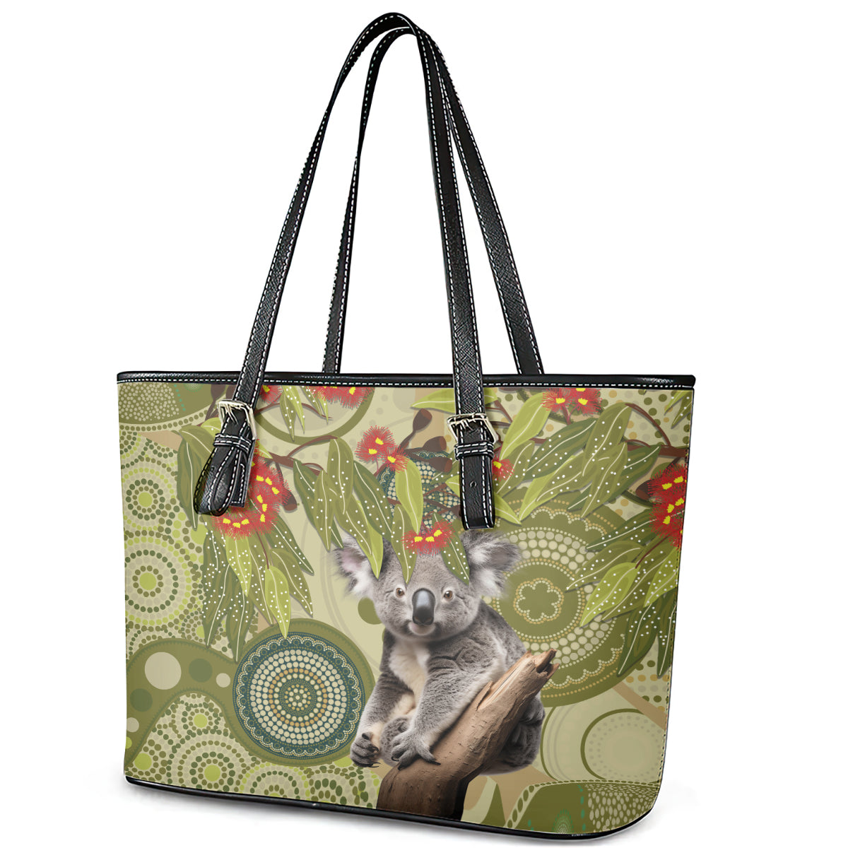 Aboriginal Koala Art Painting With Gum Blossom Leather Tote Bag