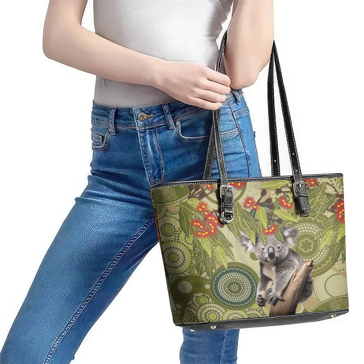 Aboriginal Koala Art Painting With Gum Blossom Leather Tote Bag