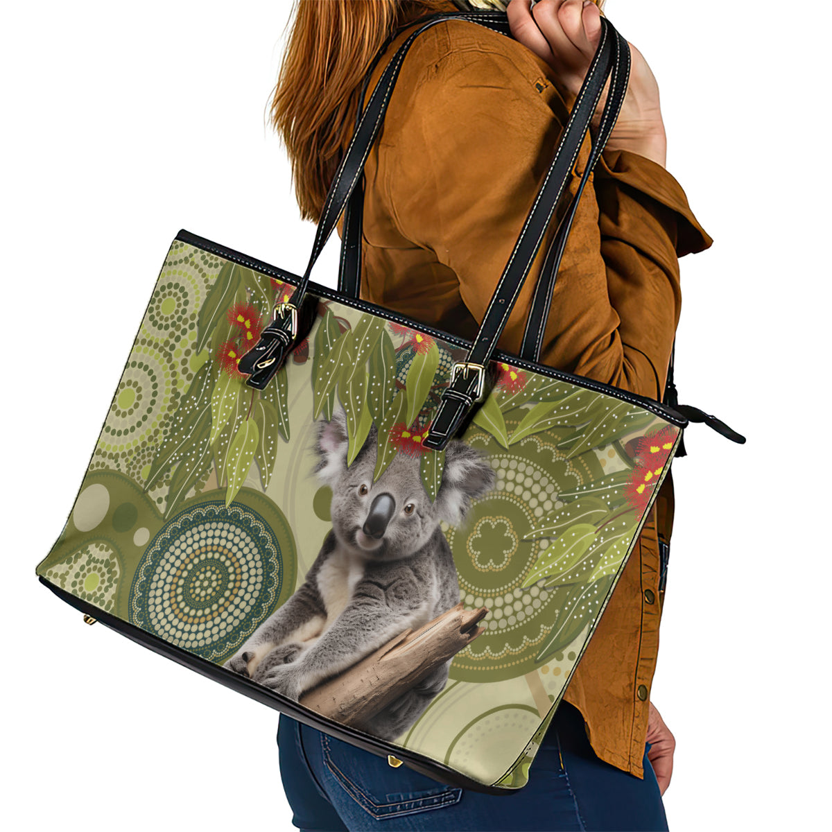 Aboriginal Koala Art Painting With Gum Blossom Leather Tote Bag