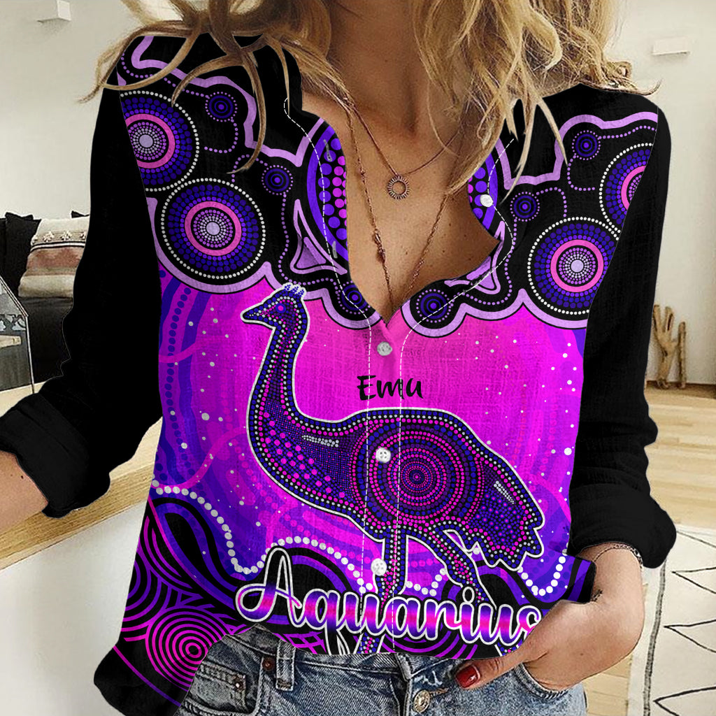 Personalised Australia Aquarius Emu Zodiac Women Casual Shirt Auz Astrology Aboriginal - Magenta LT9