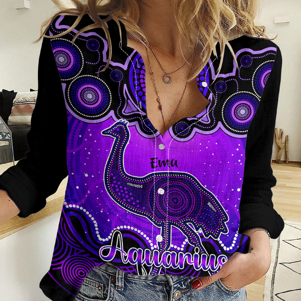 Personalised Australia Aquarius Emu Zodiac Women Casual Shirt Auz Astrology Aboriginal - Purple LT9