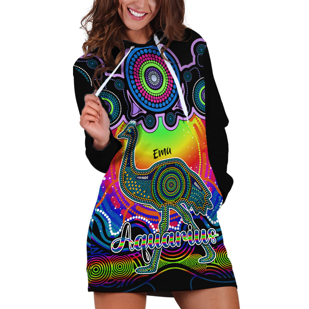 personalised-australia-aquarius-emu-zodiac-hoodie-dress-auz-astrology-aboriginal-rainbow