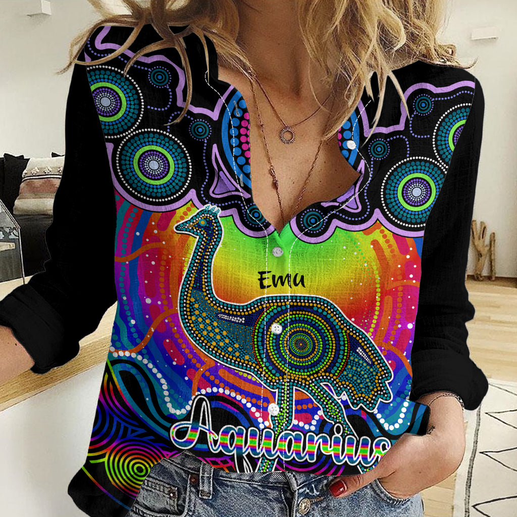 Personalised Australia Aquarius Emu Zodiac Women Casual Shirt Auz Astrology Aboriginal - Rainbow LT9