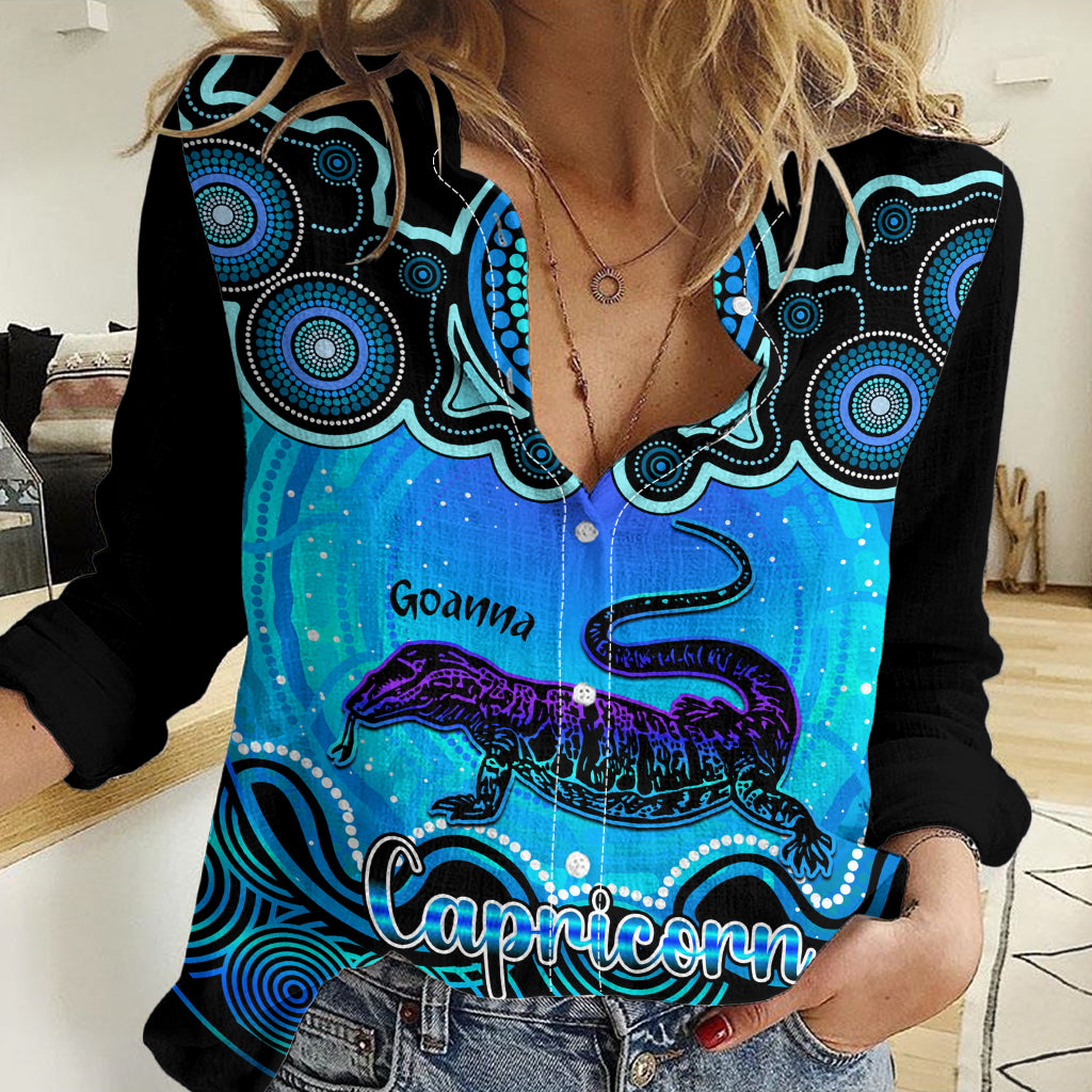 Personalised Australia Capricorn Goanna Zodiac Women Casual Shirt Auz Astrology Aboriginal - Aqua LT9