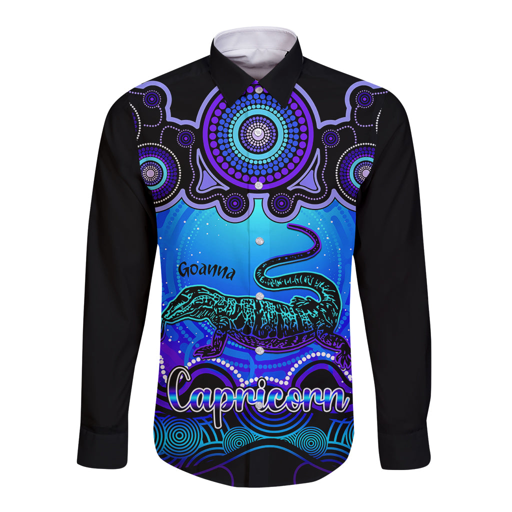 personalised-australia-capricorn-goanna-zodiac-long-sleeve-button-shirt-auz-astrology-aboriginal-blue